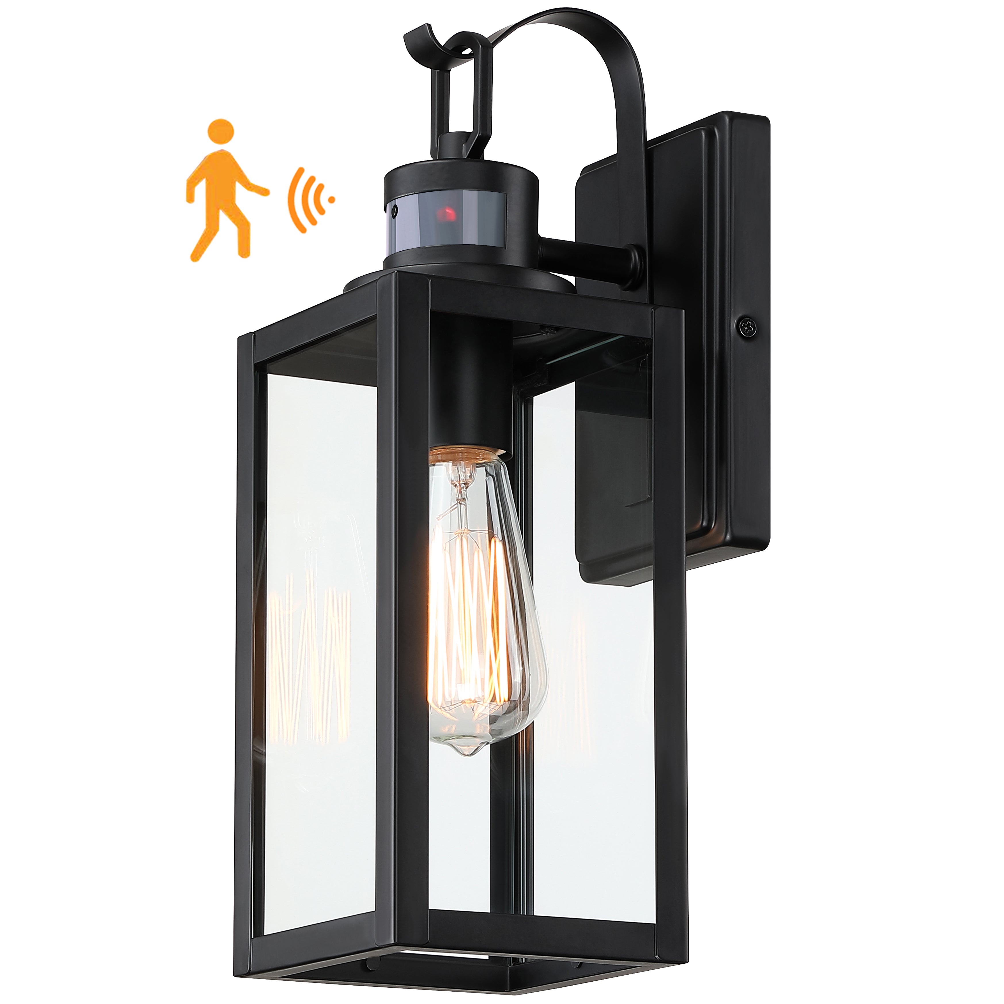 1-Light Black Motion Sensor Outdoor Wall Lantern Dusk to Dawn Light Fixture