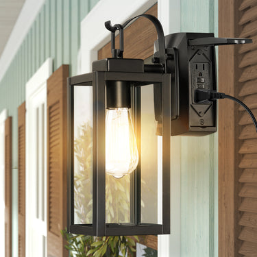 Black Exterior Porch Lights Outdoor Lights Fixture Wall Sconce with GFCI Outlet, E26 Base