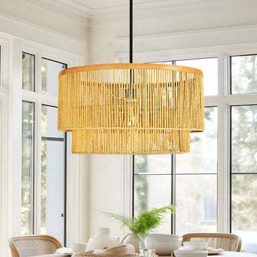 Carmine 2-Tier Bohemian Rattan Drum Hand-Woven Chandelier Light